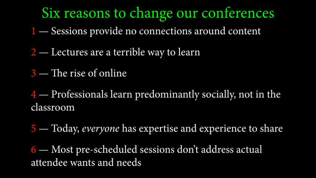 Slide titled "Six reasons to change our conferences"1 — Sessions provide no connections around content2 — Lectures are a terrible way to learn3 — The rise of online4 — Professionals learn predominantly socially, not in the classroom5 — Today, everyone has expertise and experience to share6 — Most pre-scheduled sessions don't address actual attendee wants and needs