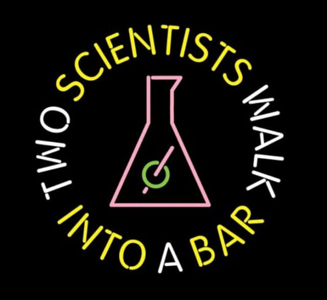 Two scientists walk into a conference: An illustration of a neon bar sign that says "Two scientists walk into a bar"