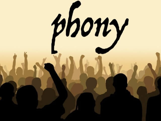 phony experiential conferences: an illustration of an excited audience with the word "phony" in front of them