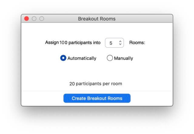 participant-driven breakouts in Zoom: a screenshot of the well-known Zoom dialog box that's used to determine how many breakout rooms to assign and how participants will be assigned to them