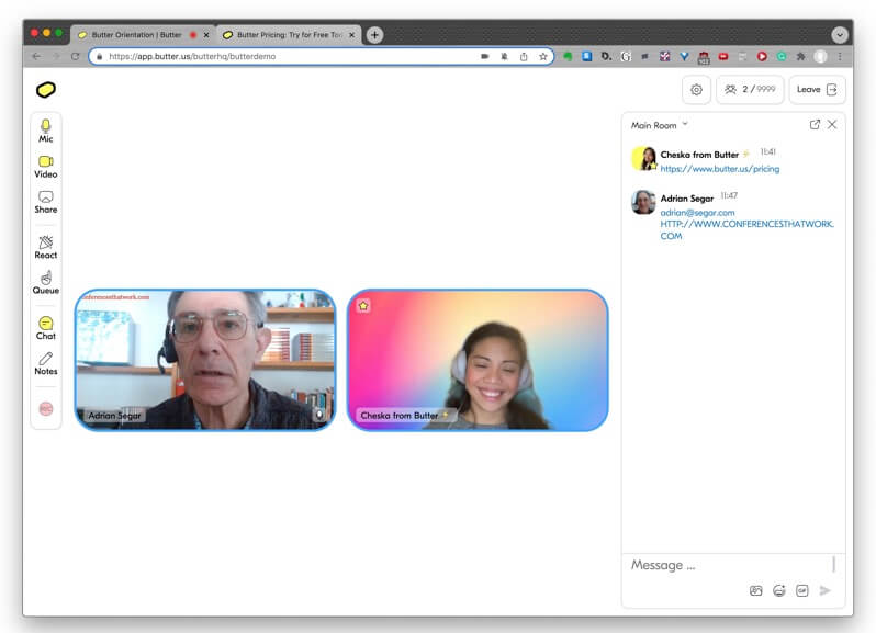 A screenshot of Cheska (from Butter) and Adrian Segar reviewing the Butter online meeting facilitation platform