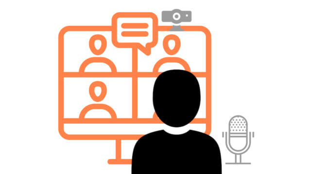 Lessons learned at an online workshop: a graphic of a person attending an online meeting on a computer with camera and microphone