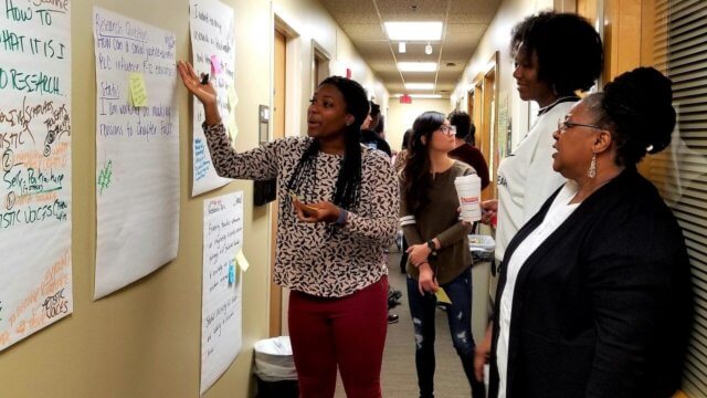 Photograph of women at a gallery walk, illustrating how to improve breakout gallery walks