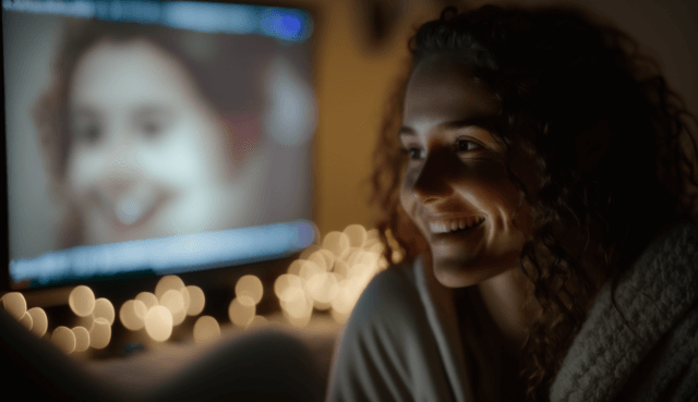 Can broadcast be personal? An image of a happy woman looking at something we cannot see. In the blurred background is a screen with another woman's face on it.