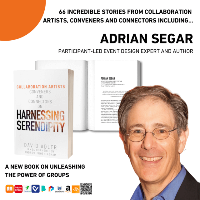 A promotional image of the book "Harnessing Serendipity" with Adrian Segar.