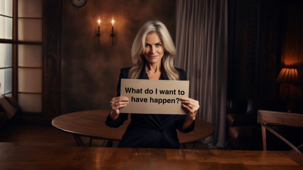 A photograph of a room with a woman holding a sign that says “What do I want to have happen?”