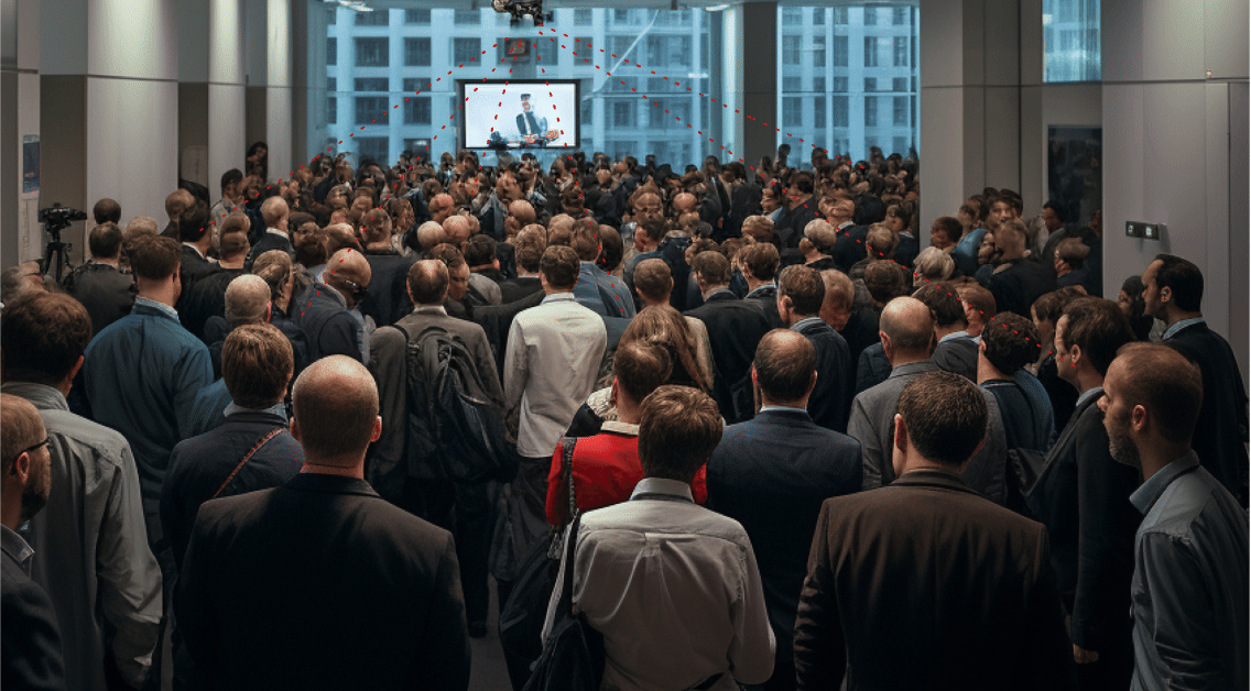 An illustration of a crowd of conference attendees watching a presentation, while ceiling mounted technology conducts facial analysis of the attendees.