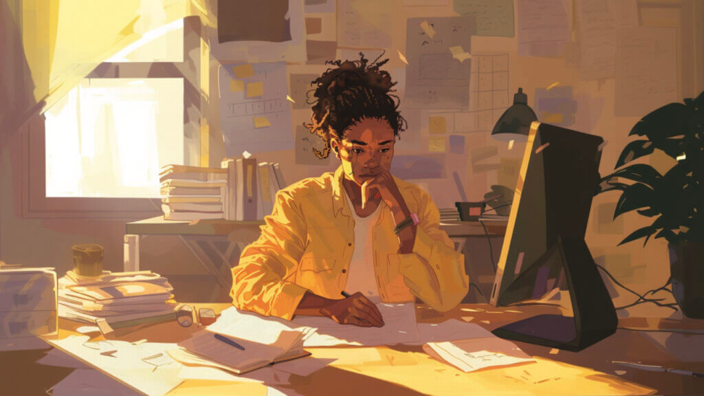 Becoming a writer: an illustration of a young black woman deep in thought, sitting at her desk as she begins to write her first book