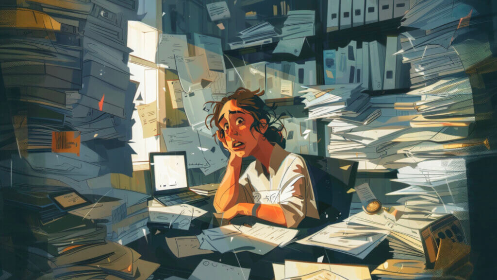 illustration of an unhappy young woman with a poor relationship with her career sitting at an office desk surrounded by piles of paperwork. Light illuminates her from a single window.