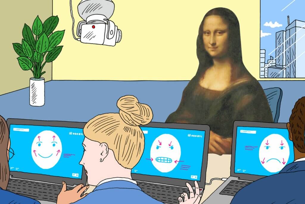 An illustration showing computer experts debating whether their facial analysis software of the Mona Lisa is showing a smiling, neutral, or sad expression. Illustration by Peter Arkle; Associated Press (Mona Lisa)