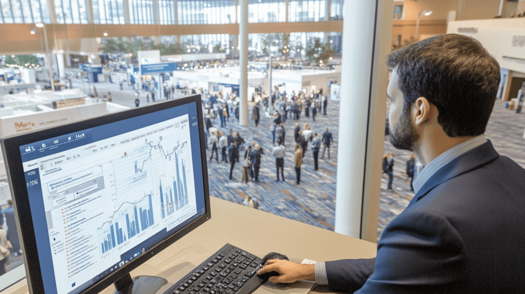 A man in an office looking out over a large trade show monitors attendees' sentiment using facial analysis technology distributed around the show floor