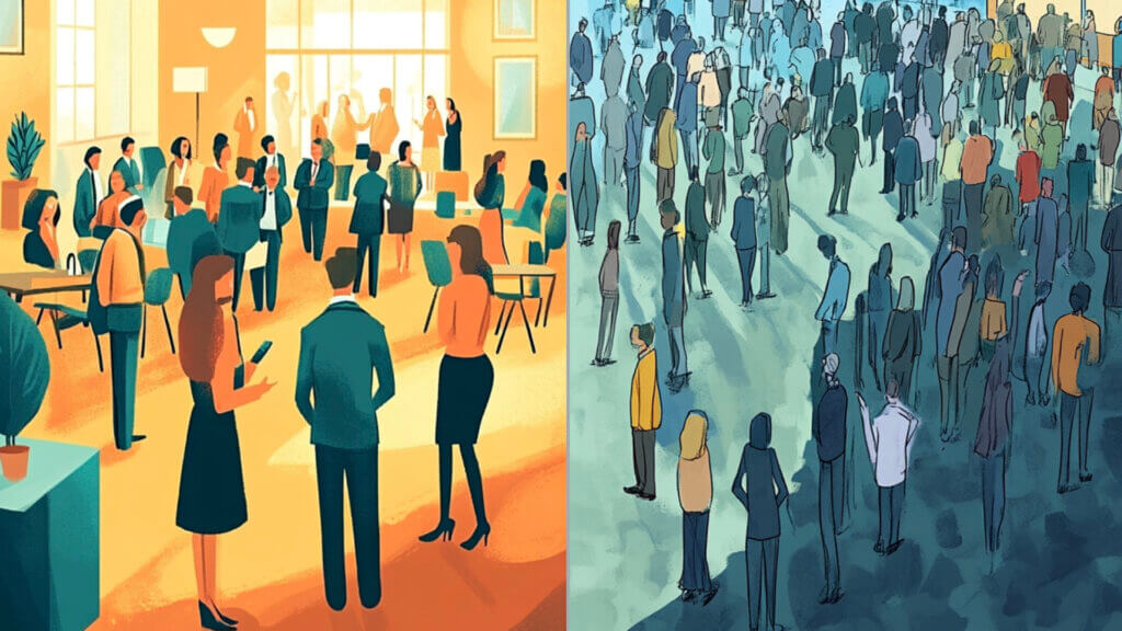 Small is the new big: An illustration of two meetings side by side. On the left, a small group of people chat animatedly. On the right, many more people stand around, hardly talking.